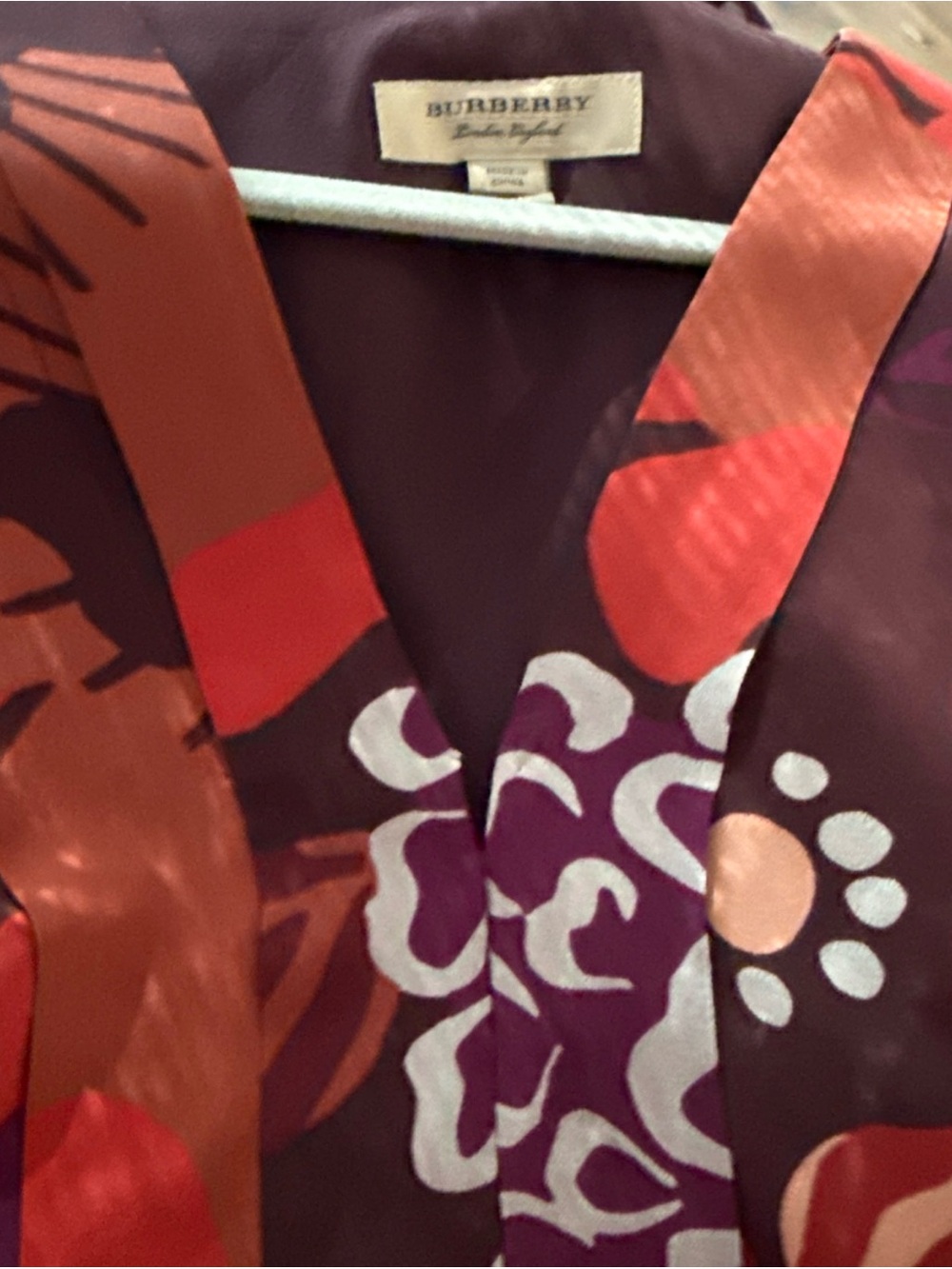 Burberry Long Sleeve Silk Floral Abstract Burgundy Midi Dress W Neck Tie Sz 8 - Picture 16 of 16